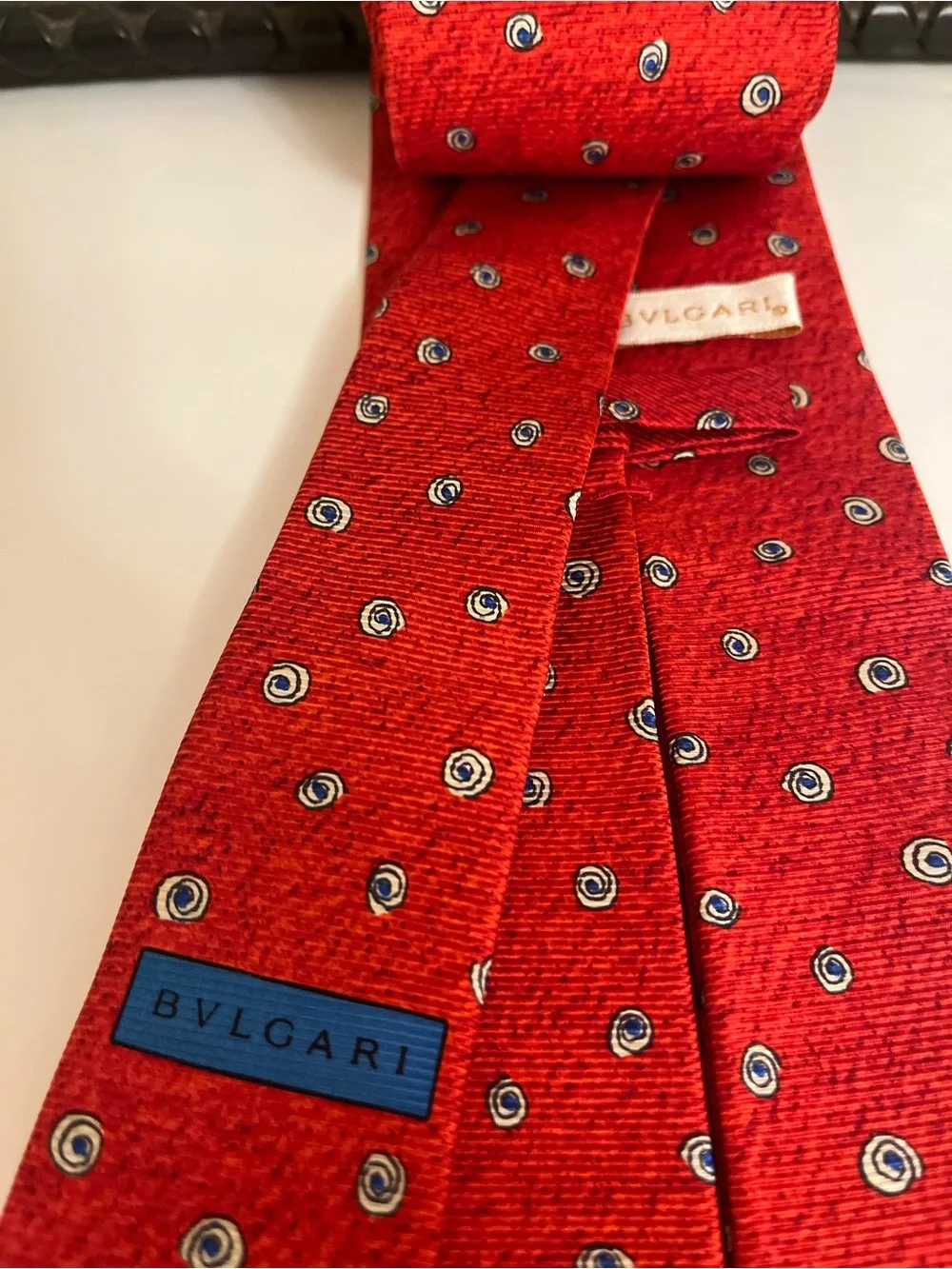 BVLGARI Red Silk Tie with Blue and Ivory Dot Motif - Made in Italy - 3.75” Width